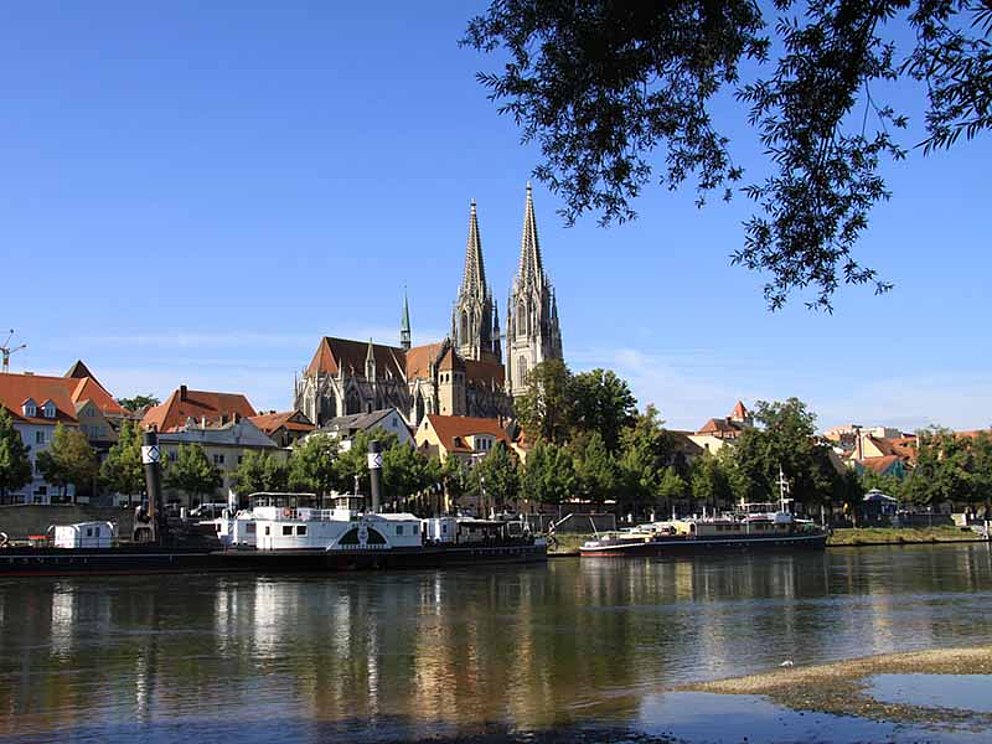view of the cathedral of Regensburg, River Danube in the front