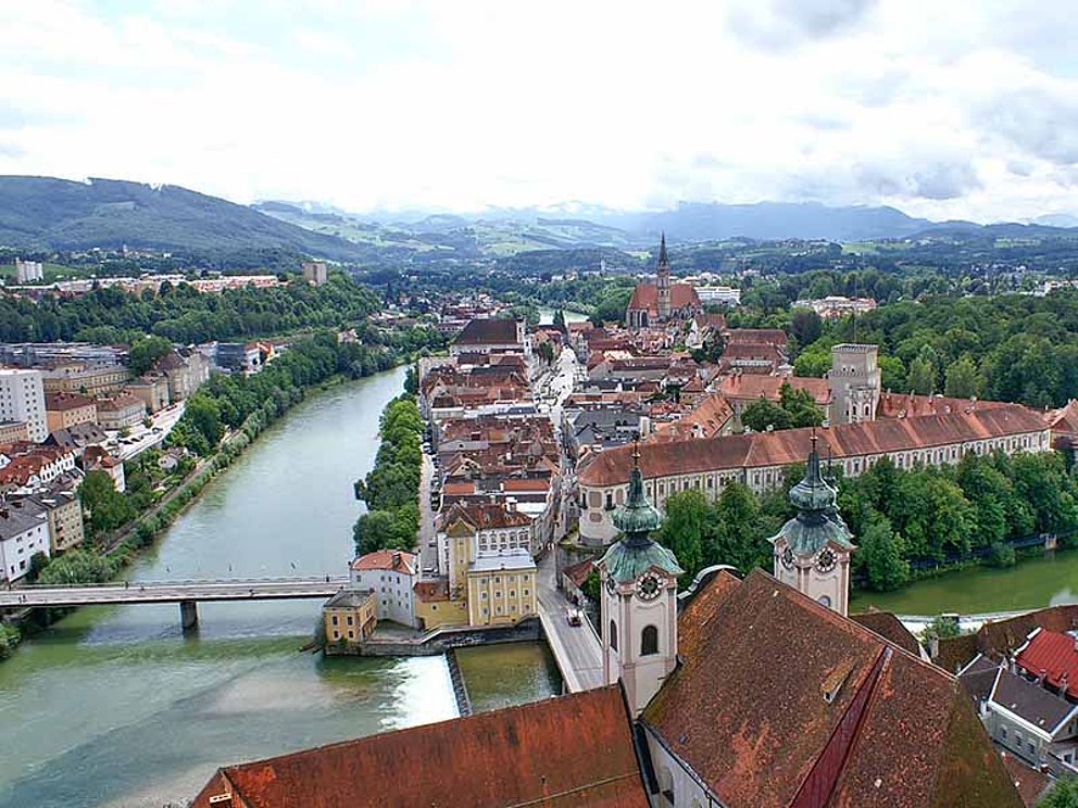 view of the medieval city of Steyr on the riverbanks of Enns and Steyr