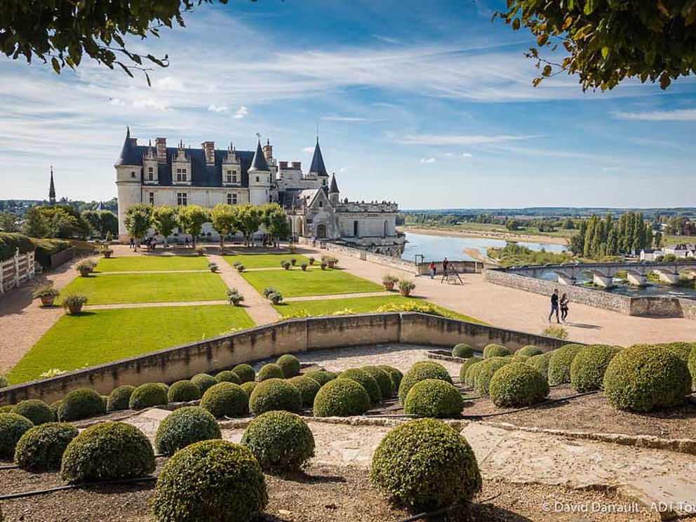 view of Amboise Castle and Gardens and Loire River