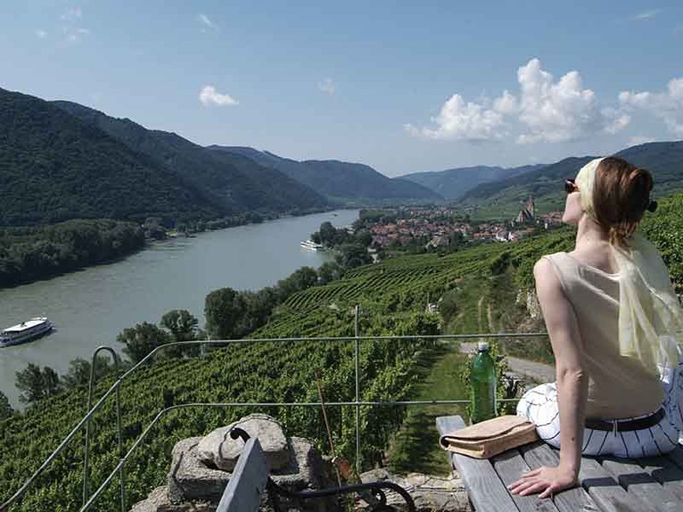 Frau überblickt die Weinberge und die Donau bei Weissenkirchen