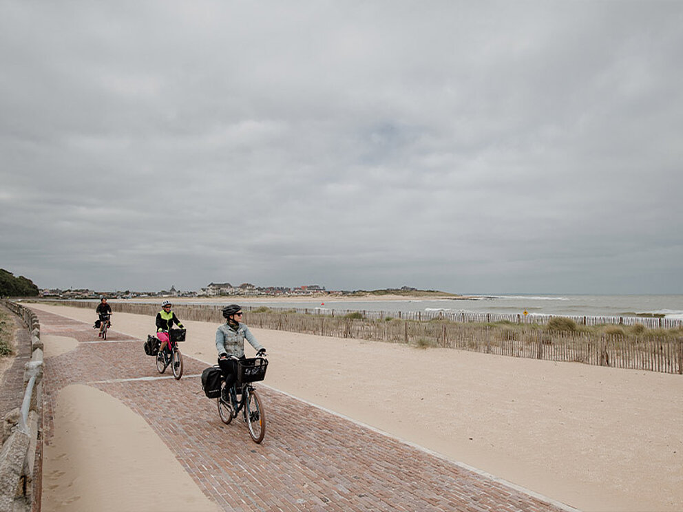 3 Radfahrer am Radweg am Meer