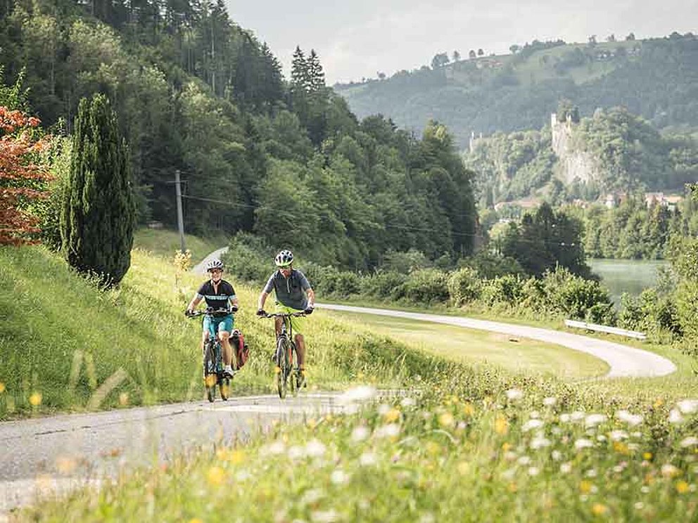2 Radfahrer auf einem idyllischen Radweg, Wiesen und Hügel in der Umgebung, dahinter Burg Losenstein