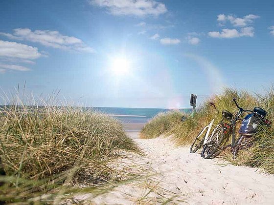 Radstop an einem sonnigen Tag bei den Dünen in Nordfriesland an der Nordsee
