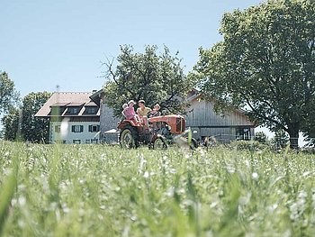 Bauer fährt mit Kinder auf Traktor