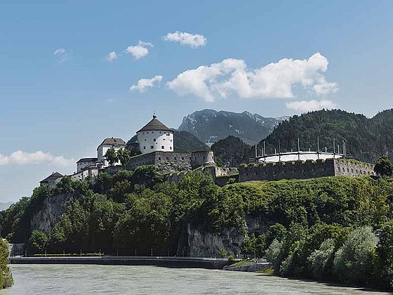 view of the fortress of Kufstein high upon River Inn