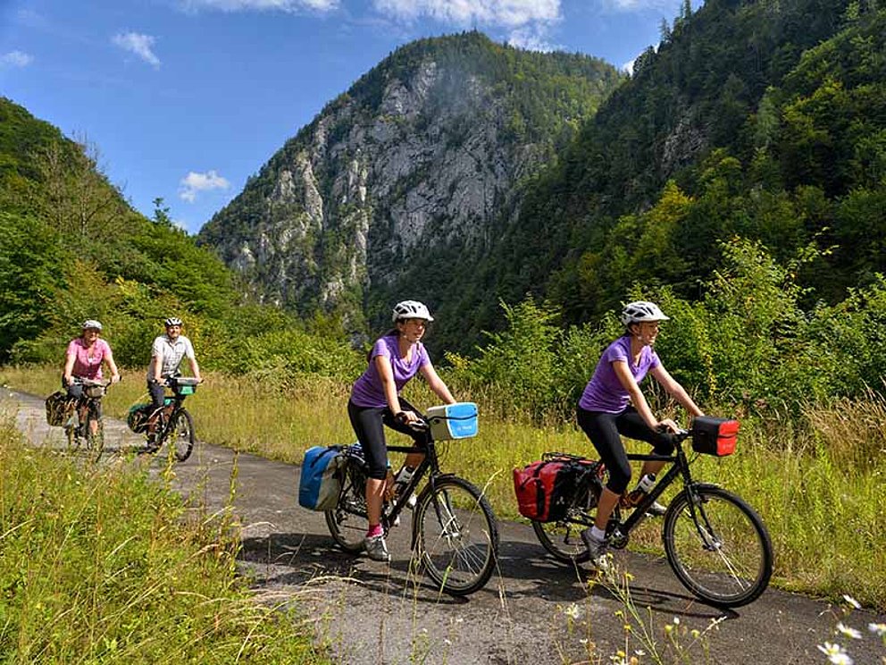 Vier Radfahrer unterwegs am Ennstalradweg bei Hieflau