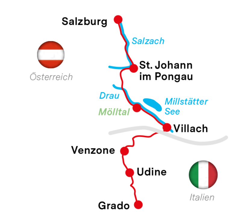 Karte der Radtour von Salzburg nach Grado