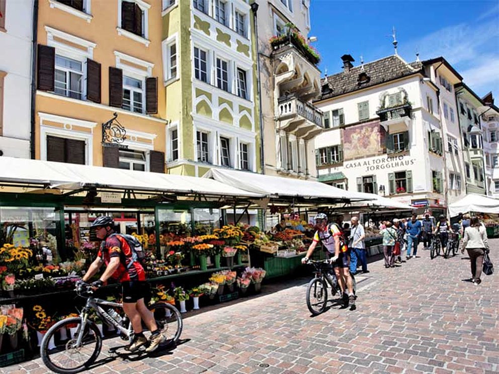 2 Radfahrer am Marktplatz von Bozen, vor Marktständen, im Hintergrund die Häuser der Altstadt