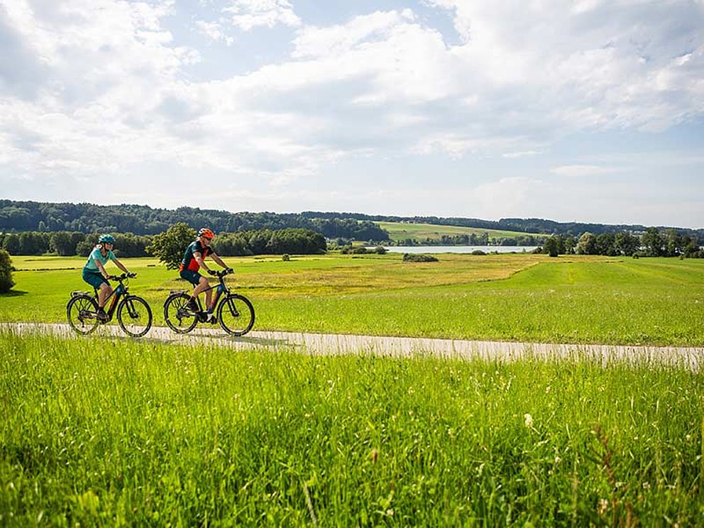 2 Radfahrer am Radweg, umgeben von Wiesen, im Hintergrund ein See