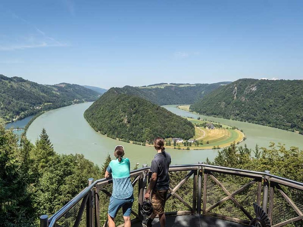 Cyclists admire the view of Schlögen at the Danube River