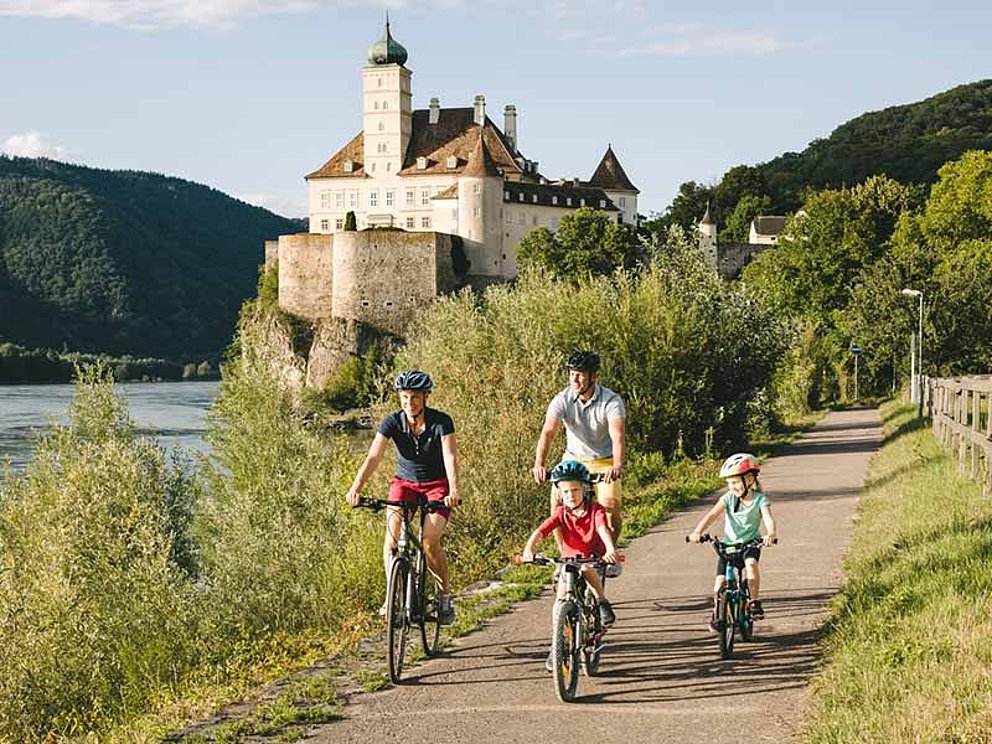 Parents and kids cycle in front of Schönbühel Castle