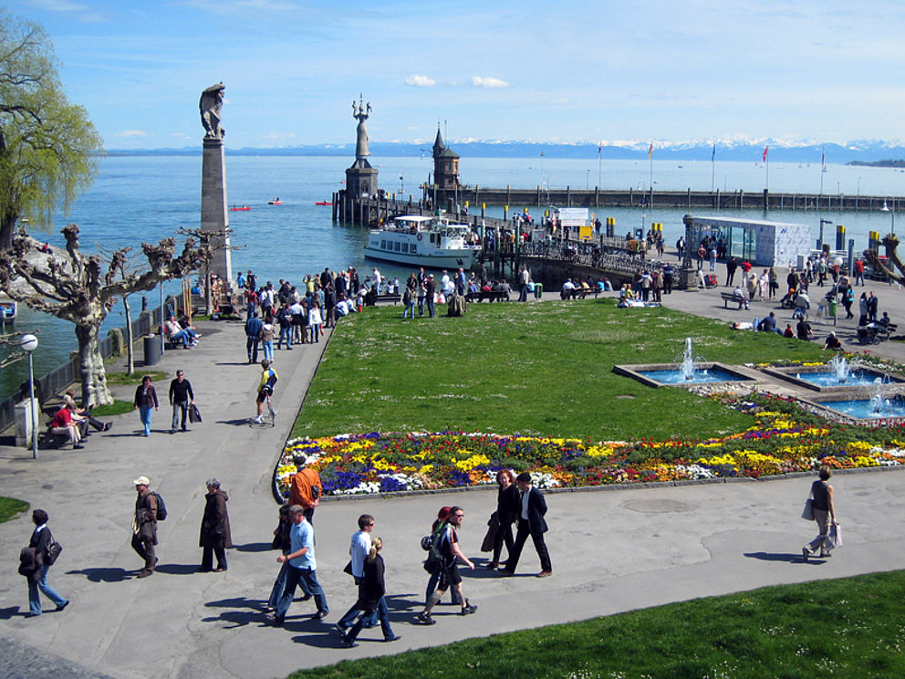 busy life at the promenade and harbour of Konstanz, Lake Constance