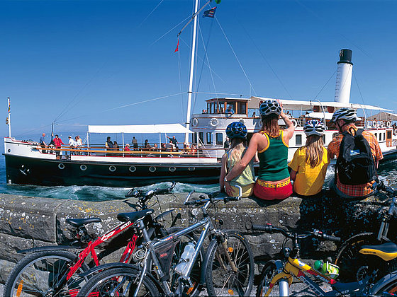 parents and children sit on a harbour wall and watch a ship, bikes in the front