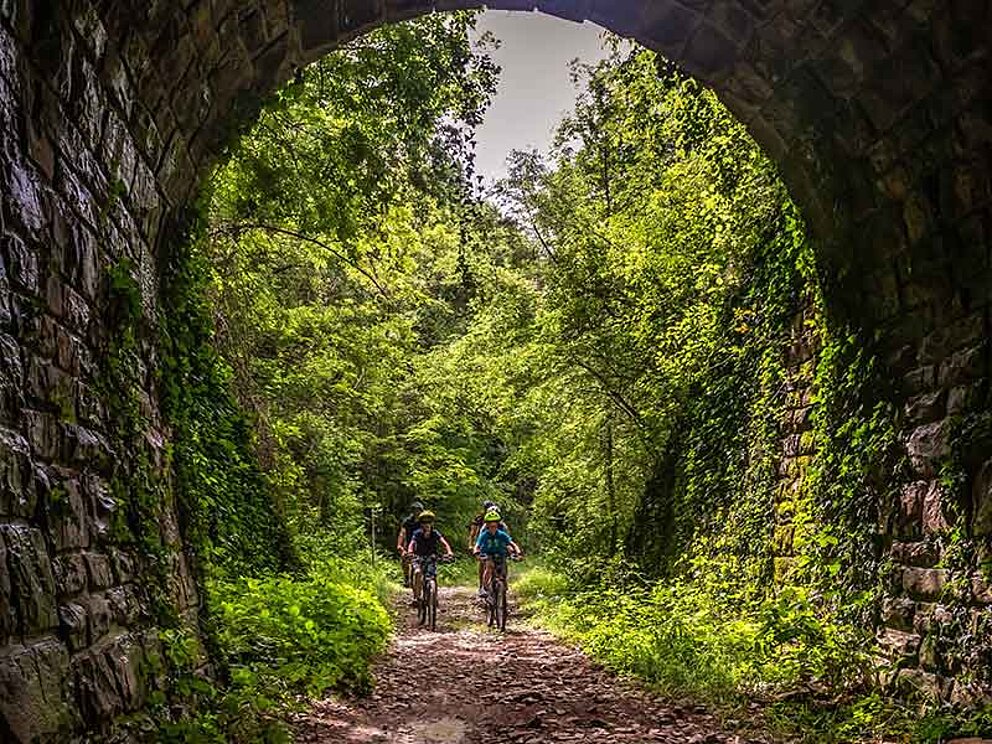 Durch zahlreiche alte Eisenbahntunnel entlang der Parenzana