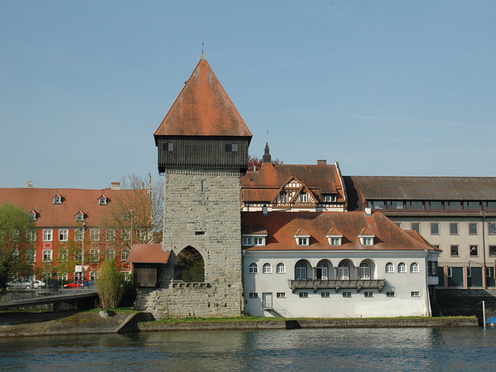 view of city gate and village of Konstanz, in the front Lake Constance