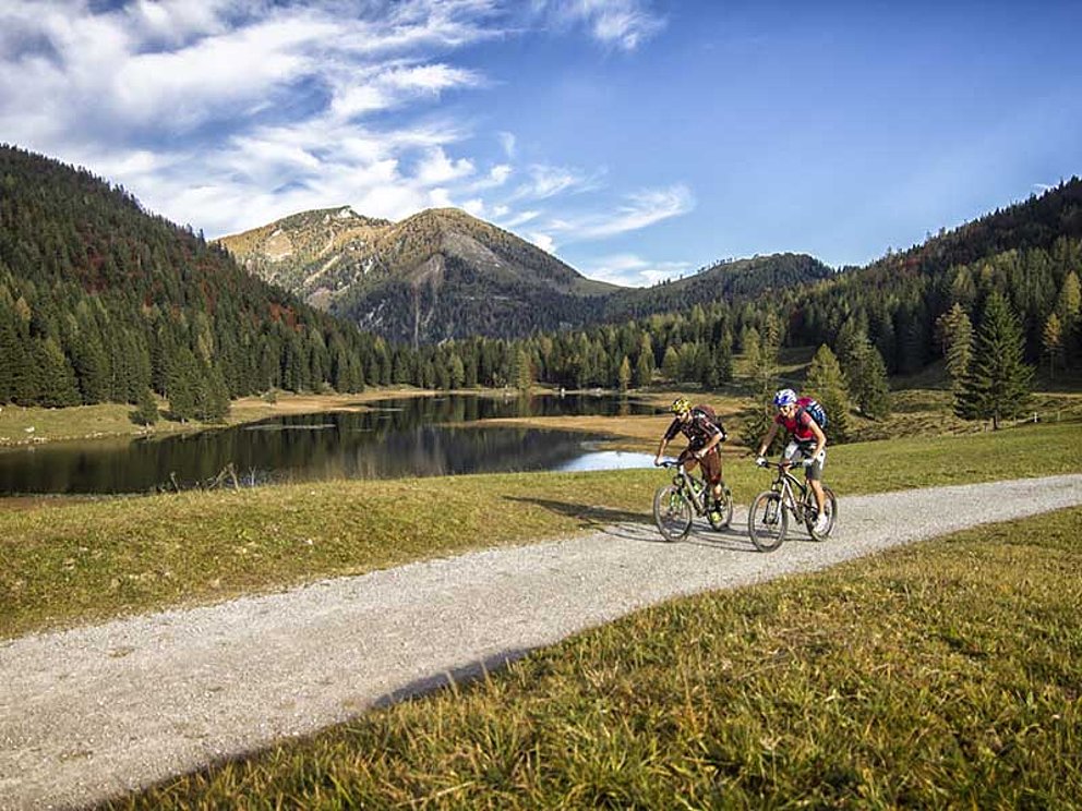 zwei Mountainbiker unterwegs durch das SalzburgerLand und dessen Almen