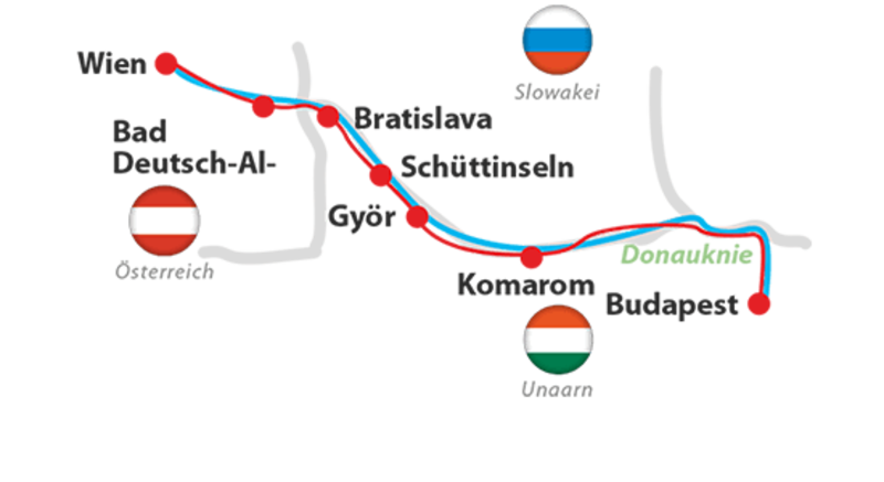 Karte zum Tourenverlauf am Donauradweg in Ungarn