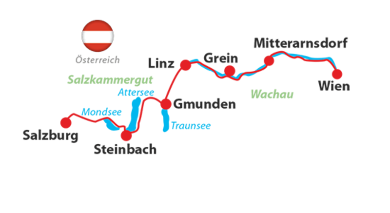 Karte zum Tourenverlauf von Salzburg nach Wien