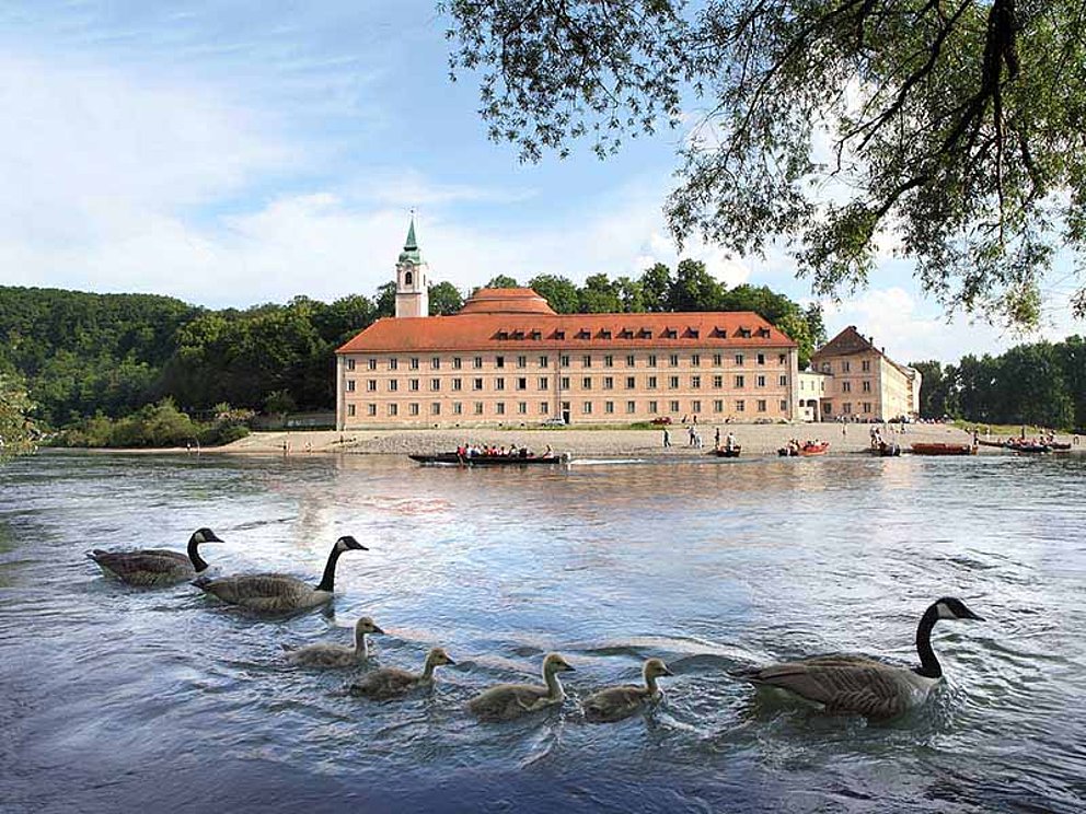 the Abbey of Weltenburg at the riverside of the Danube, ducks swim in the front