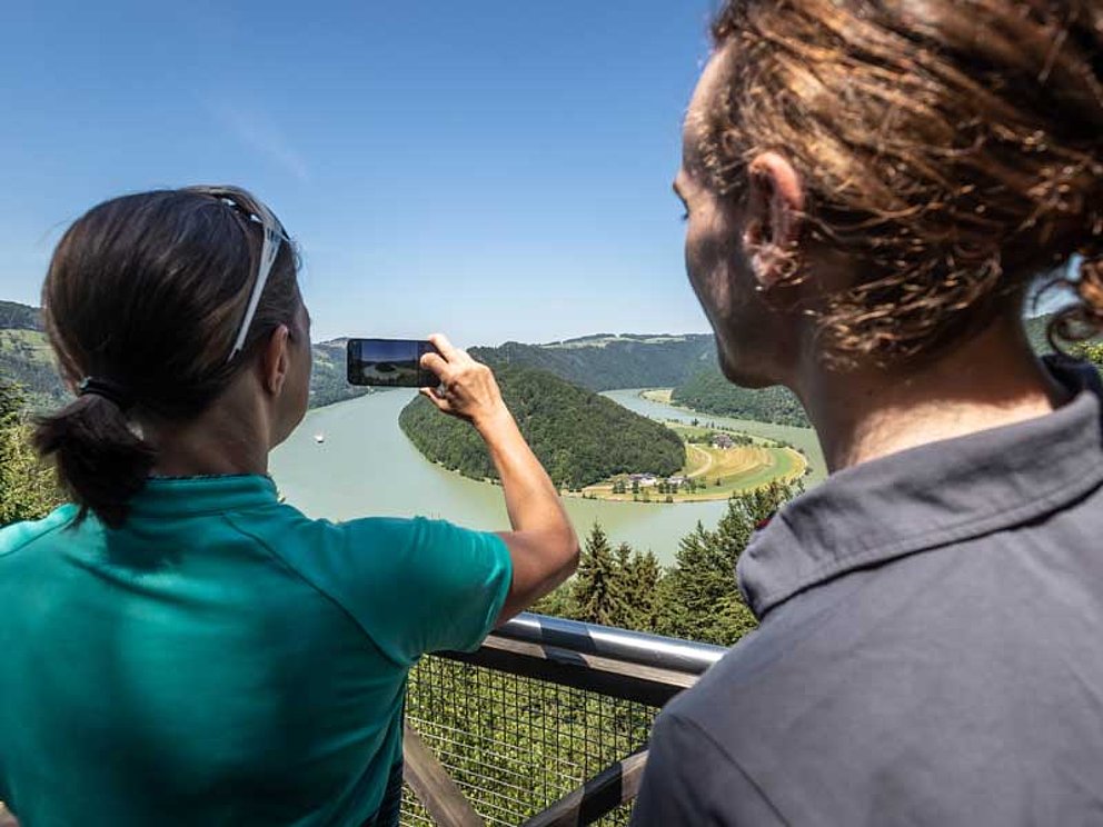 woman takes a picture of the view of Schlögen, Danube Cycling Path in Austria