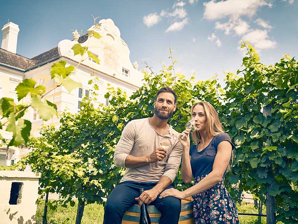 Rad-Paar trinkt Wein in Dürnstein