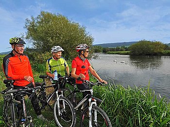 drei Radfahrer unterwegs am Donauufer in Donaueschingen