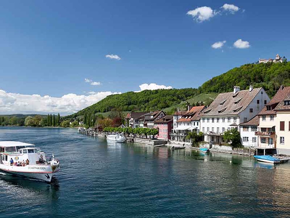 landing stage at Stein am Rhein, Lake Constance, in the front an excursion boat