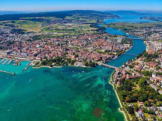 flight view of Konstanz, situated directly at the lakeside, river mouth into the lake