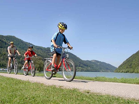 Ein Mann und zwei Kinder in Raddressen radeln am Donauradweg. Ein Kind fährt voran und hat am Ausflug sichtlich Spaß. Im Hintergrund sind die bewaldeten Höhenrücken des Donautales.