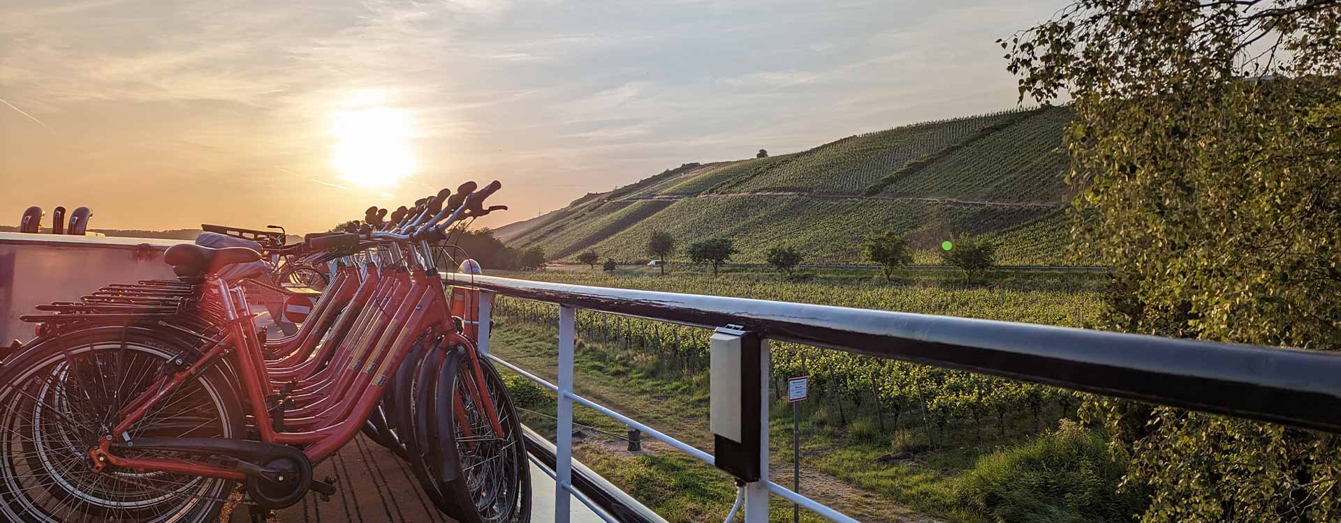 Leihräder auf dem Sonnendeck der MS Olympia in der Abenddämmerung. Im Hintergrund Weinberge.