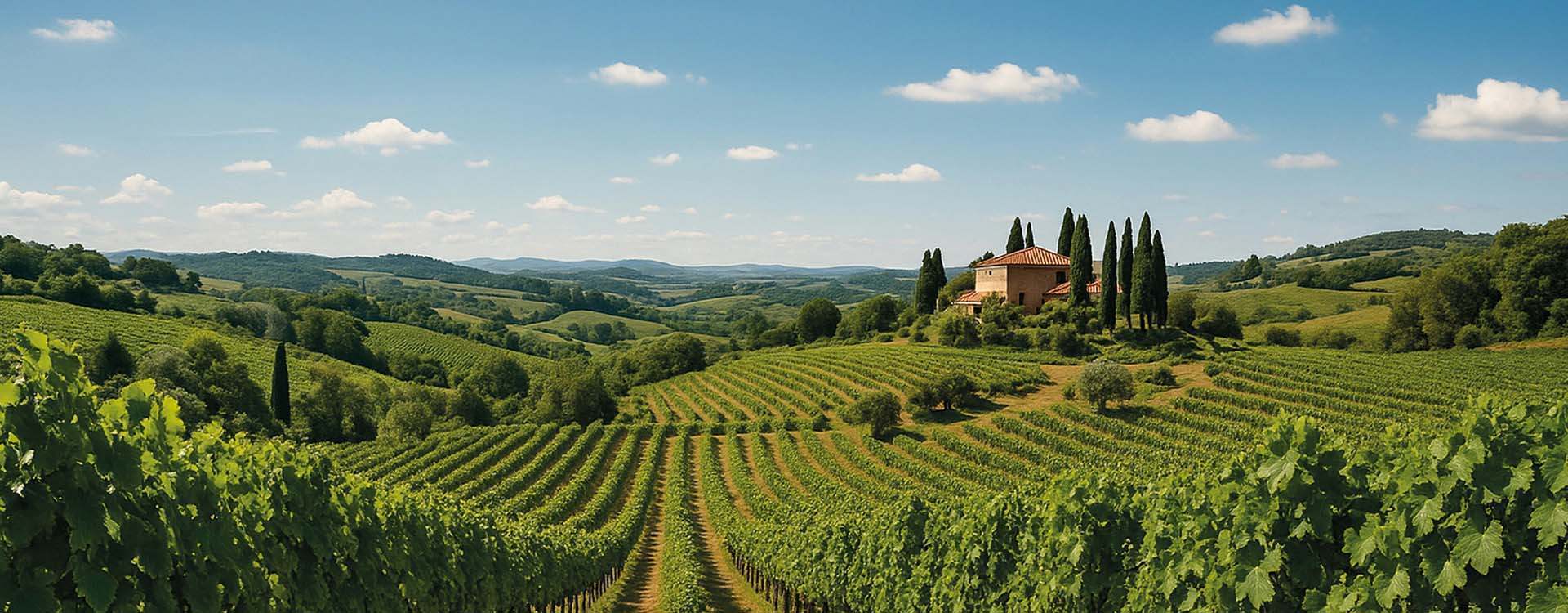Panorama einer typischen toskanischen Landschaft mit grünen Weinbergen, Zypressen und einem historischen Landhaus unter blauem Himmel.