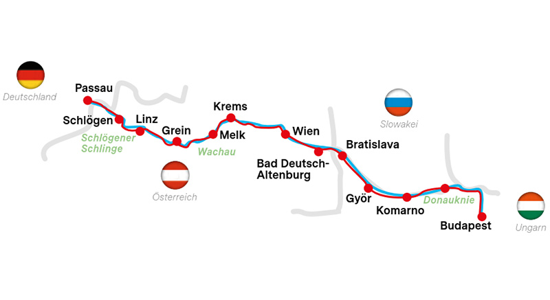 Karte Donauradweg Passau-Budapest