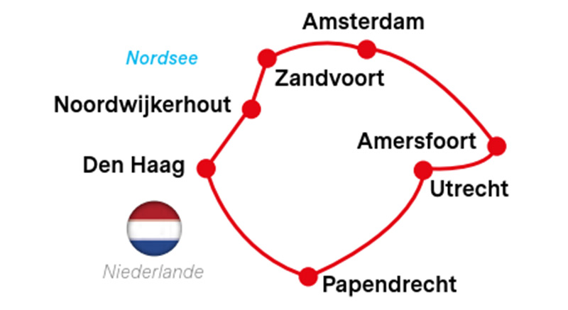 Karte Radtour in Holland zu Stadt, Strand, Tulpen