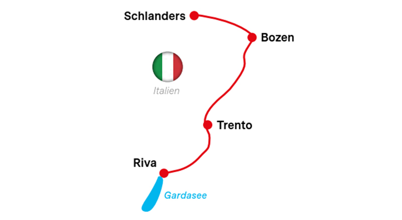 Karte Radweg in Italien Schlanders-Gardasee