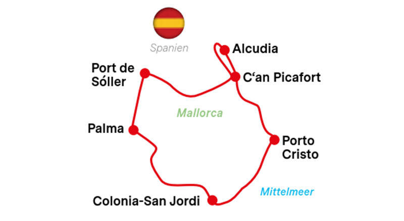 Karte für Radtour auf Mallorca, Rundtour