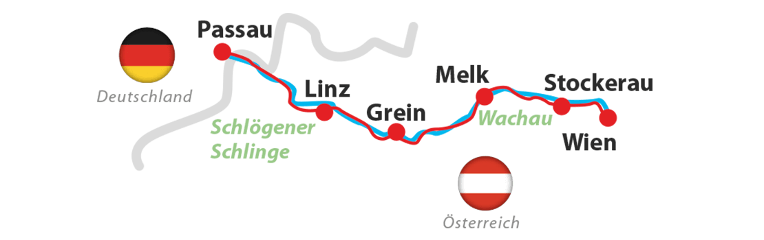Karte mit Verlauf des Donauradweges in Österreich - Passau-Wien